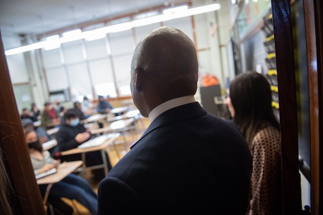 Mayor Eric Adams stands in the doorway of his old high school classroom as he returns to Bayside High School in Queens to call for continued Mayoral control of New York City's public schools on Tuesday, March 8th, 2022.